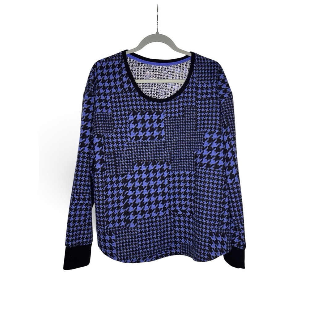 Comfort Code Cuddl Duds Women's L Blue Houndstooth Long Sleeve Lounge Top
